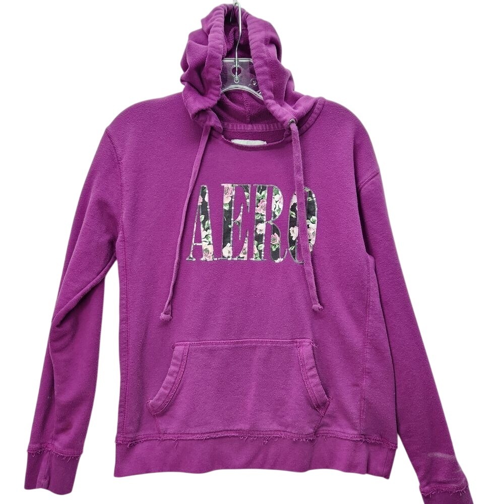 Vintage Aeropostale Hoodie Womens L Purple Floral Logo Pullover Sweatshirt Retro